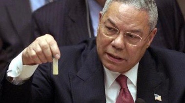 Colin Powell anthrax vial. 5 Feb 2003 at the UN - Colin Powell's War Crimes and the Bandwagon Effect of Media Mythologizing