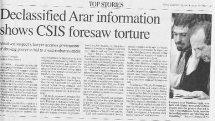 Scan arar torture CSIS1 small - Exposé Ties Cases of Torture to Canada's Anti-Terror Strategy (Book Review)